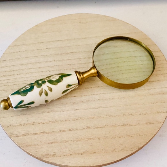 Brass Lupe Magnifying Glass Ceramic White Green Floral Handle 7.5” Elegant Gift - Picture 2 of 12